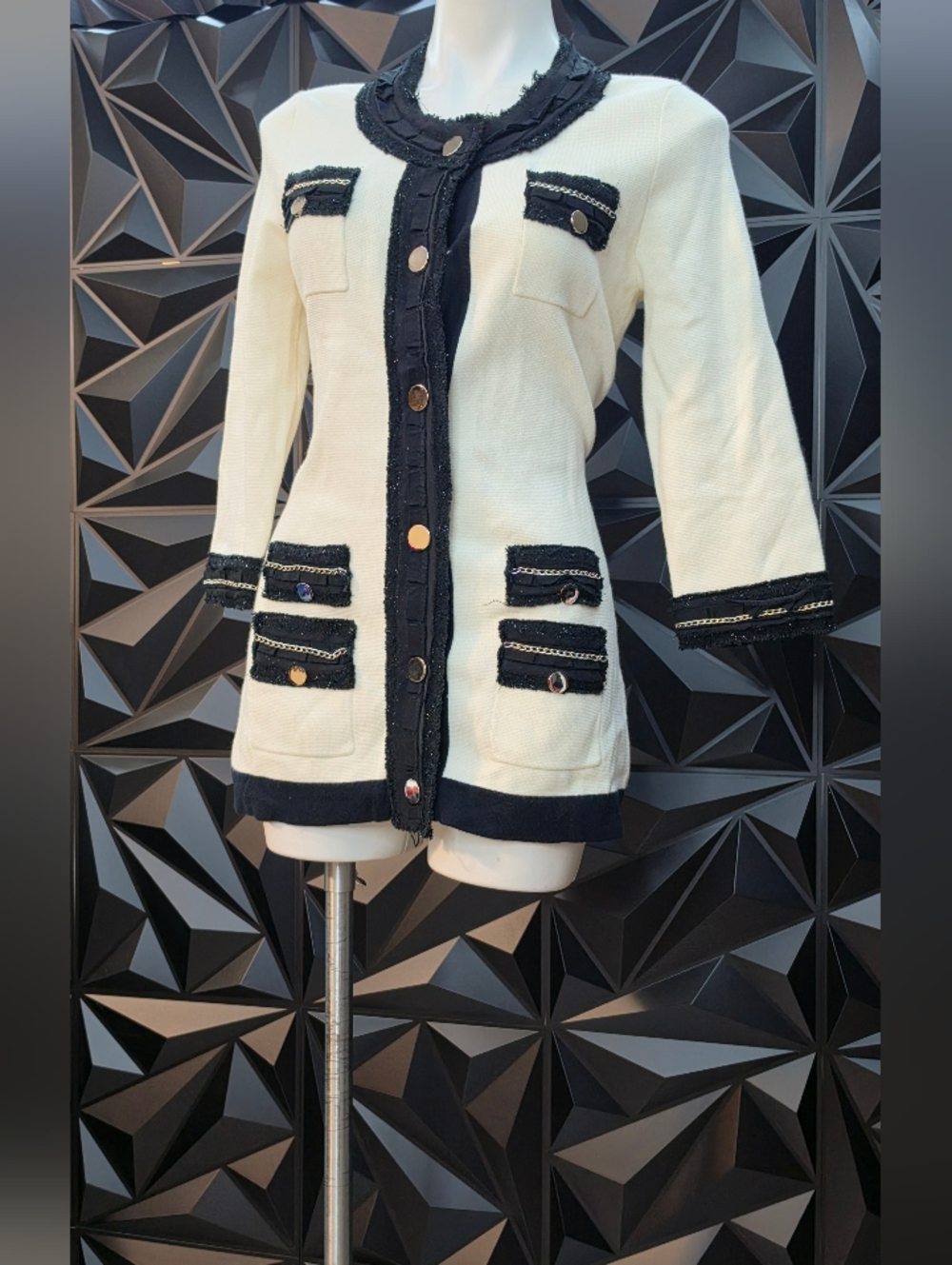 White House Black Market Cream and Black Tweed-Trim Jacket